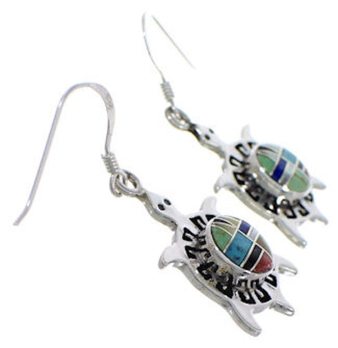 Southwest Multicolor Turtle Silver Hook Dangle Earrings PX32003